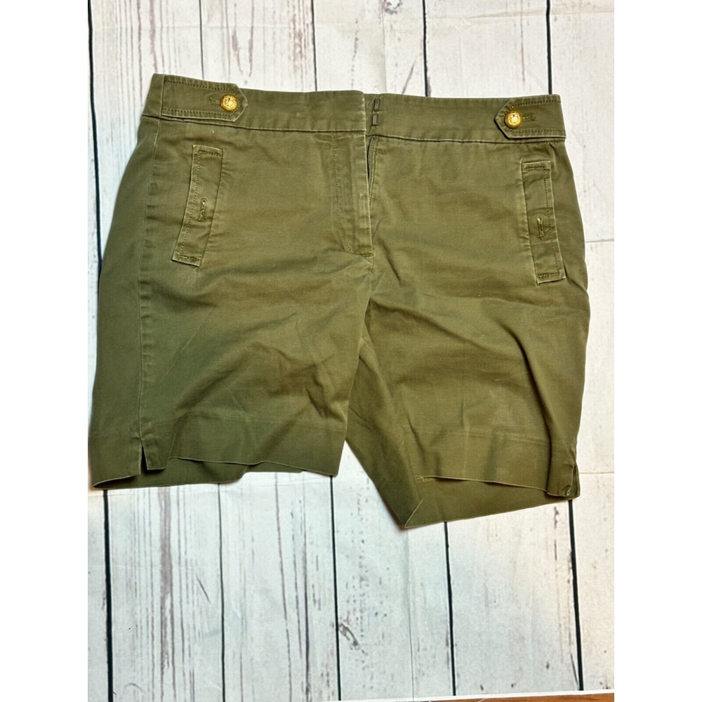 Talbots 12 Sailor City Olive Green Gold Button Mid Length High Rise Shorts